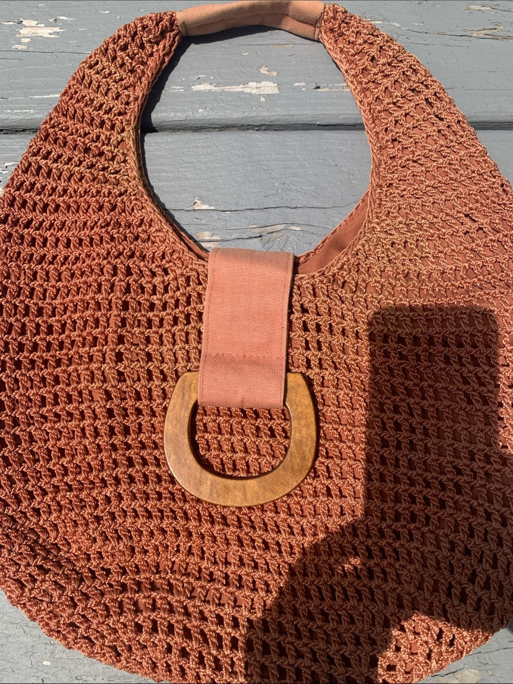 Rust Crochet Shoulder Hobo Bag with Wooden Accent - Picture 1 of 5